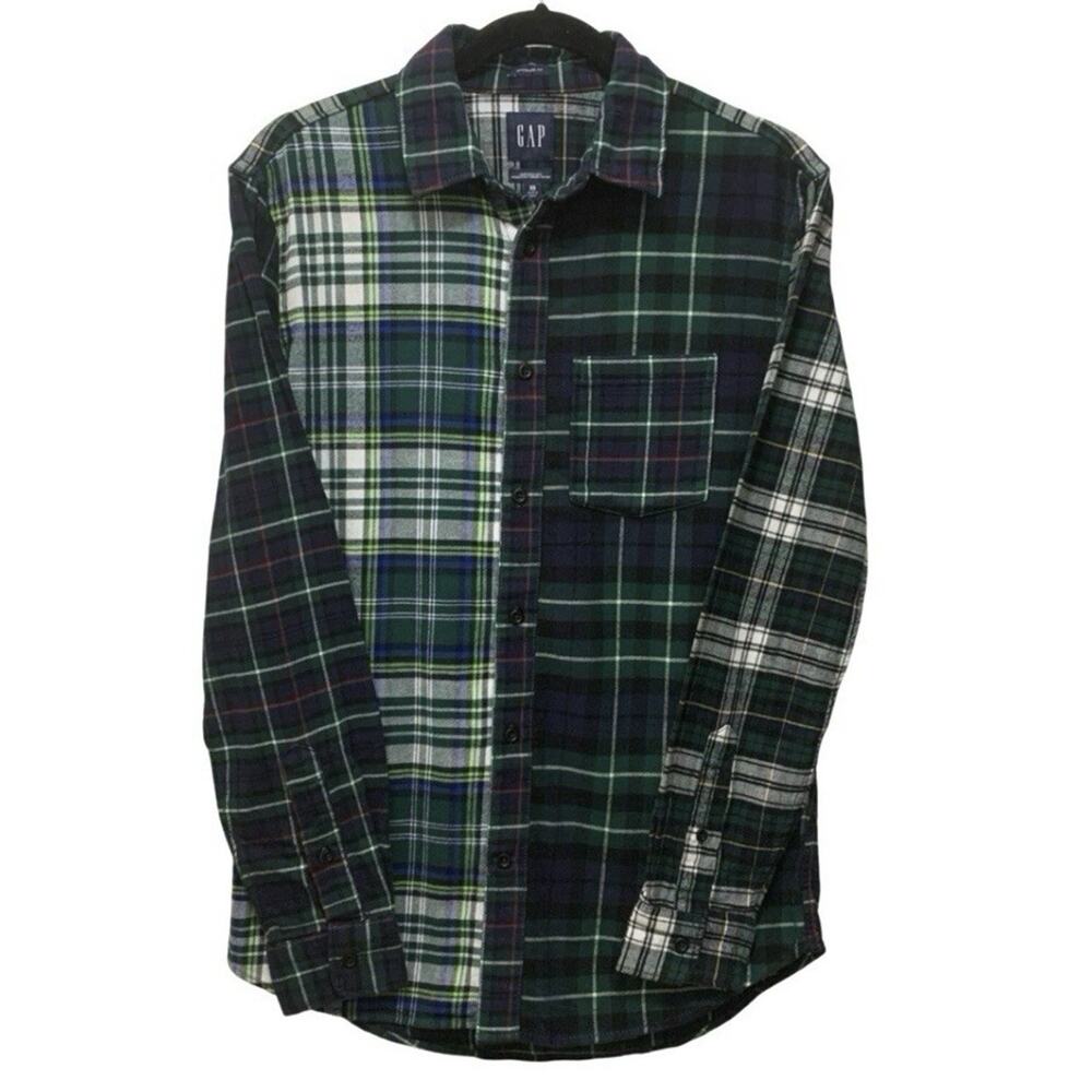 Gap Mens Flannel Shirt Green Mixed Plaid Organic Cotton Long Sleeve Patchwork